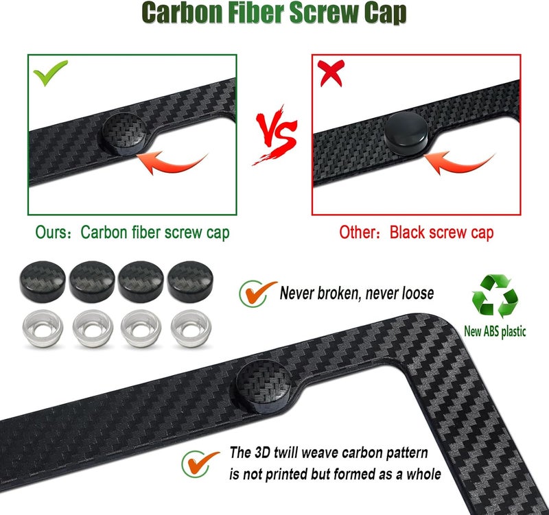 FBJTDQ Carbon Fiber License Plate Frames- Black Carbon Pattern Plastic Front & Rear Car Tag Holder Cover 2 Pack with Mount Hardware, Screws, Caps, Handlebar Stickers - Image 4
